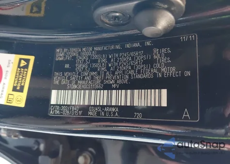 2012 Toyota Highlander Base V6 from USA, damaged, VIN 5TDBK3EH0CS113662